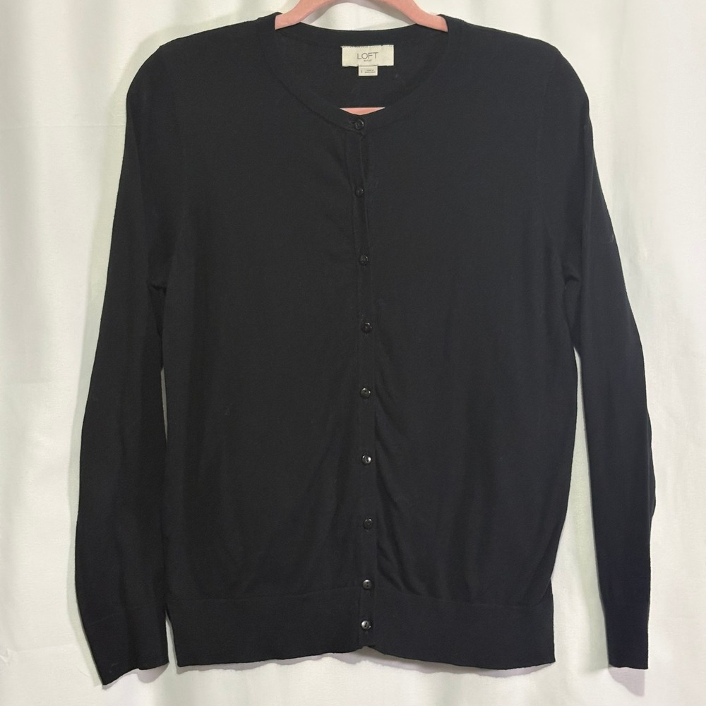 Loft Women Black 100% Cotton Button Front Cardigan Sweater Large Closet Staple